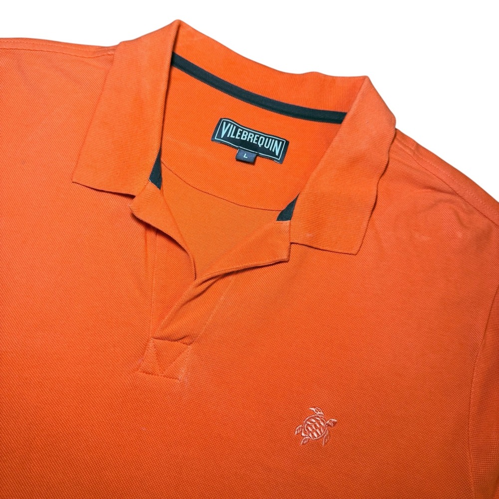 Vilebrequin Mens Orange Pique Cotton V-Neck Polo Shirt Turtle Logo Size Large